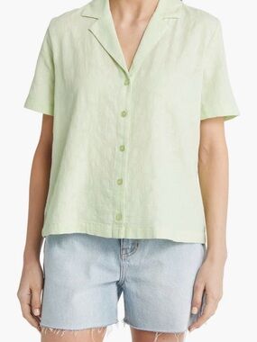 Treasure & Bond Pale Green Linen Short-Sleeve Button Front Shirt